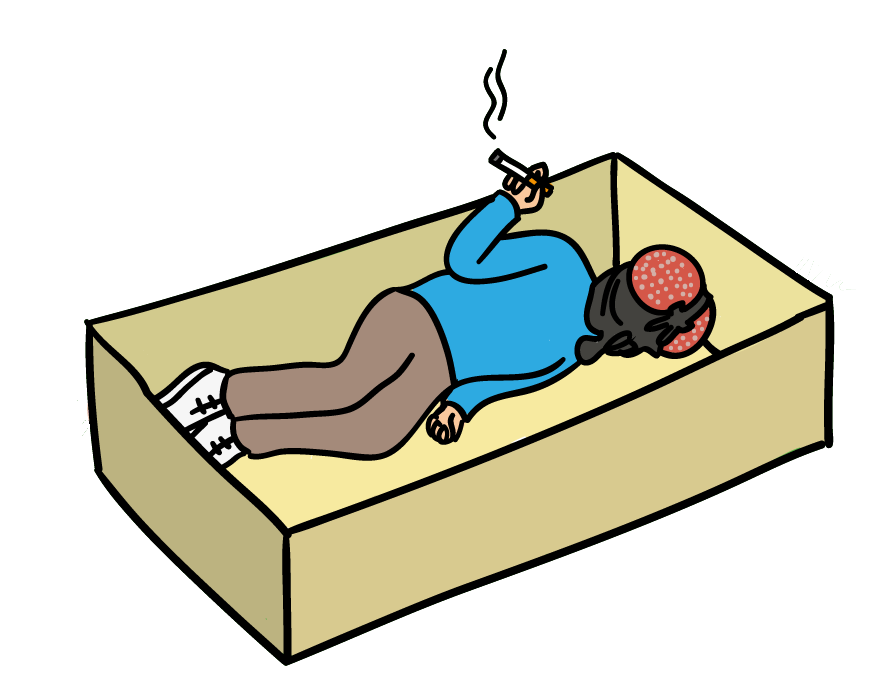 A Fly Hooligan illustration of a human wearing a fly (insect) mask, and laying in a cardboard box while smoking a cigarette.